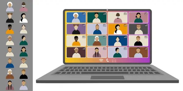 Video konferansı, evden çalışıyor. Farklı milletlerden ve yaşlardan meslektaşlar bilgisayar ekranında birbirleriyle konuşurlar. Düz stil renklerinde beyaz arkaplanda izole illüstrasyon