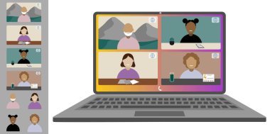 Video konferansı, evden çalışıyor. Farklı milletlerden ve yaşlardan meslektaşlar bilgisayar ekranında birbirleriyle konuşurlar. Düz stil renklerinde beyaz arkaplanda izole illüstrasyon