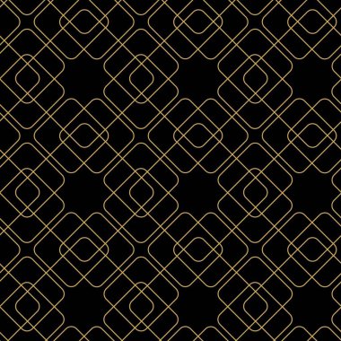 Siyah zemin üzerinde çizgiler ve çizgiler olan soyut geometrik desen. Kusursuz bir vektör arka planı. Grafiksel modern model. Siyah ve altın desenli.
