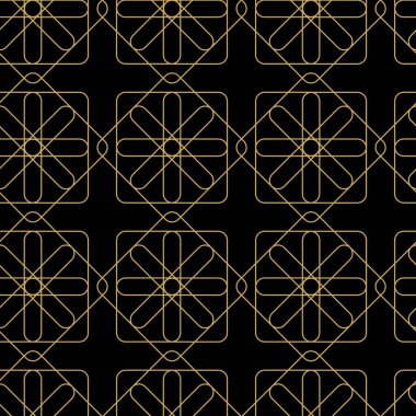 Siyah zemin üzerinde çizgiler ve çizgiler olan soyut geometrik desen. Kusursuz bir vektör arka planı. Grafiksel modern model. Siyah ve altın desenli.