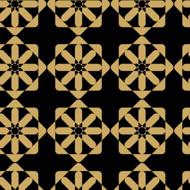 Siyah zemin üzerinde çizgiler ve çizgiler olan soyut geometrik desen. Kusursuz bir vektör arka planı. Grafiksel modern model. Siyah ve altın desenli.