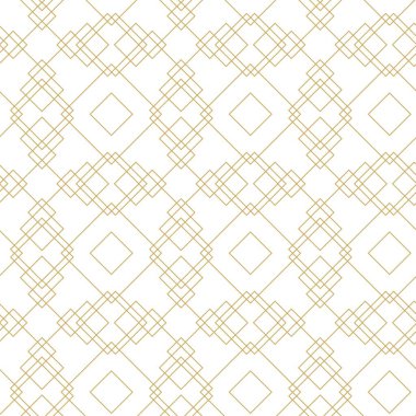 Kareler, haçlar, çizgiler ve çizgilerle soyut geometrik desen. Kusursuz vektör arkaplanı. Beyaz ve altın süs. Modern retiküle grafik tasarımı.