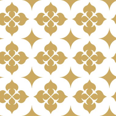 Kareler, haçlar, çizgiler ve çizgilerle soyut geometrik desen. Kusursuz vektör arkaplanı. Beyaz ve altın süs. Modern retiküle grafik tasarımı.