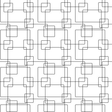 Kareler, haçlar, çizgiler ve çizgilerle soyut geometrik desen. Kusursuz vektör arkaplanı. Beyaz ve siyah süs. Modern retiküle grafik tasarımı.