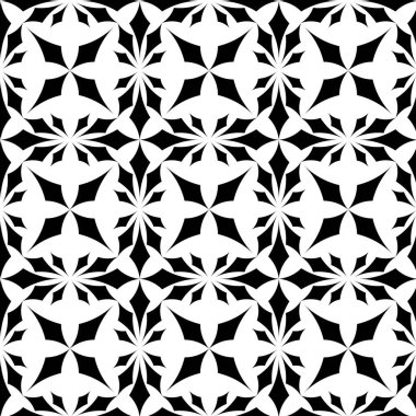 Kareler, haçlar, çizgiler ve çizgilerle soyut geometrik desen. Kusursuz vektör arkaplanı. Beyaz ve siyah süs. Modern retiküle grafik tasarımı.
