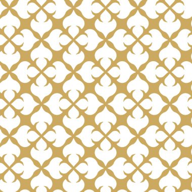 Kareler, haçlar, çizgiler ve çizgilerle soyut geometrik desen. Kusursuz vektör arkaplanı. Beyaz ve altın süs. Modern retiküle grafik tasarımı.