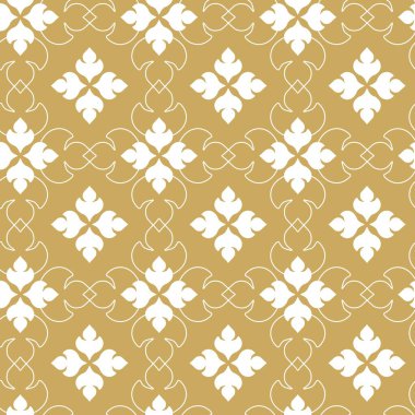 Kareler, haçlar, çizgiler ve çizgilerle soyut geometrik desen. Kusursuz vektör arkaplanı. Beyaz ve altın süs. Modern retiküle grafik tasarımı.