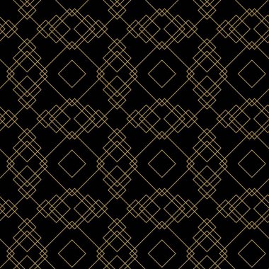 Kareler, haçlar, çizgiler ve çizgilerle soyut geometrik desen. Kusursuz vektör arkaplanı. Siyah ve altın süs. Modern retiküle grafik tasarımı.