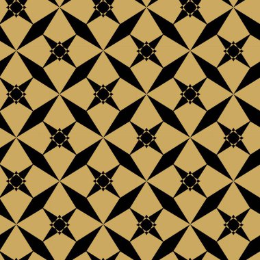 Kareler, haçlar, çizgiler ve çizgilerle soyut geometrik desen. Kusursuz vektör arkaplanı. Siyah ve altın süs. Modern retiküle grafik tasarımı.