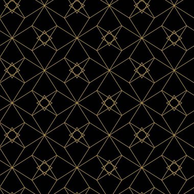 Kareler, haçlar, çizgiler ve çizgilerle soyut geometrik desen. Kusursuz vektör arkaplanı. Siyah ve altın süs. Modern retiküle grafik tasarımı.