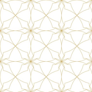 Kareler, haçlar, çizgiler ve çizgilerle soyut geometrik desen. Kusursuz vektör arkaplanı. Beyaz ve altın süs. Modern retiküle grafik tasarımı.