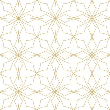 Kareler, haçlar, çizgiler ve çizgilerle soyut geometrik desen. Kusursuz vektör arkaplanı. Beyaz ve altın süs. Modern retiküle grafik tasarımı.