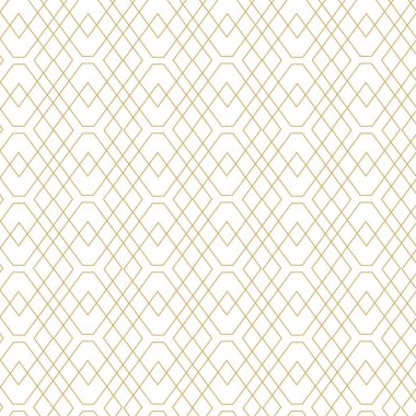 Kareler, haçlar, çizgiler ve çizgilerle soyut geometrik desen. Kusursuz vektör arkaplanı. Beyaz ve altın süs. Modern retiküle grafik tasarımı.