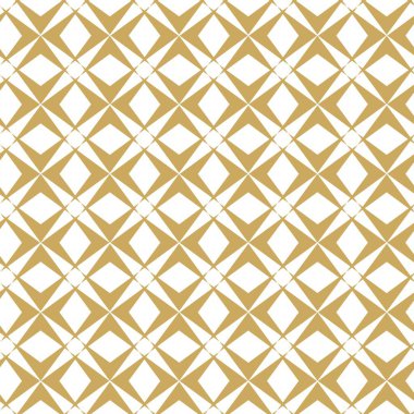 Kareler, haçlar, çizgiler ve çizgilerle soyut geometrik desen. Kusursuz vektör arkaplanı. Beyaz ve altın süs. Modern retiküle grafik tasarımı.