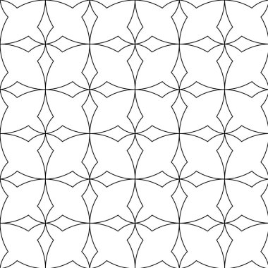 Kareler, haçlar, çizgiler ve çizgilerle soyut geometrik desen. Kusursuz vektör arkaplanı. Beyaz ve siyah süs. Modern retiküle grafik tasarımı.