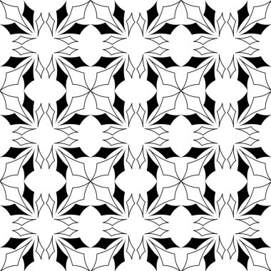 Kareler, haçlar, çizgiler ve çizgilerle soyut geometrik desen. Kusursuz vektör arkaplanı. Beyaz ve siyah süs. Modern retiküle grafik tasarımı.
