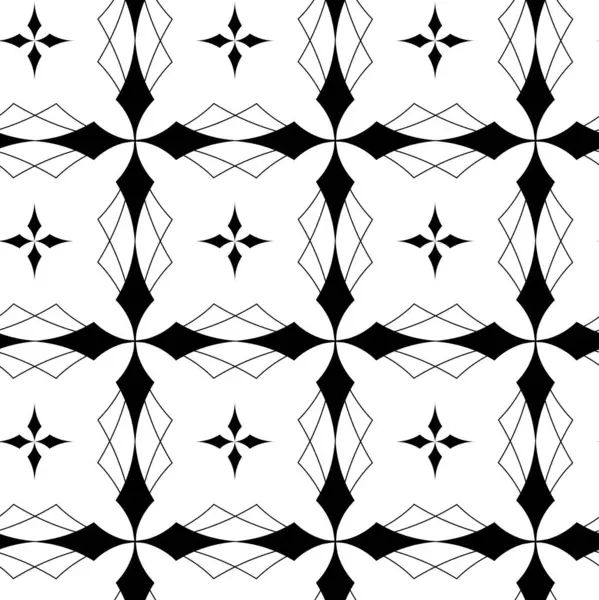 Kareler, haçlar, çizgiler ve çizgilerle soyut geometrik desen. Kusursuz vektör arkaplanı. Beyaz ve siyah süs. Modern retiküle grafik tasarımı.