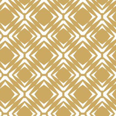 Kareler, haçlar, çizgiler ve çizgilerle soyut geometrik desen. Kusursuz vektör arkaplanı. Beyaz ve altın süs. Modern retiküle grafik tasarımı.