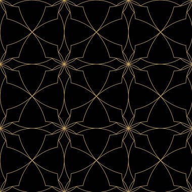 Kareler, haçlar, çizgiler ve çizgilerle soyut geometrik desen. Kusursuz vektör arkaplanı. Siyah ve altın süs. Modern retiküle grafik tasarımı.