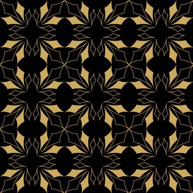 Kareler, haçlar, çizgiler ve çizgilerle soyut geometrik desen. Kusursuz vektör arkaplanı. Siyah ve altın süs. Modern retiküle grafik tasarımı.
