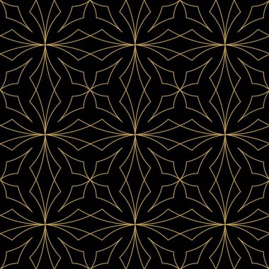 Kareler, haçlar, çizgiler ve çizgilerle soyut geometrik desen. Kusursuz vektör arkaplanı. Siyah ve altın süs. Modern retiküle grafik tasarımı.