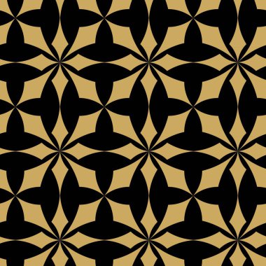 Kareler, haçlar, çizgiler ve çizgilerle soyut geometrik desen. Kusursuz vektör arkaplanı. Siyah ve altın süs. Modern retiküle grafik tasarımı.