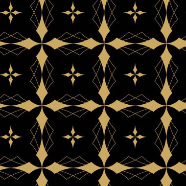 Kareler, haçlar, çizgiler ve çizgilerle soyut geometrik desen. Kusursuz vektör arkaplanı. Siyah ve altın süs. Modern retiküle grafik tasarımı.