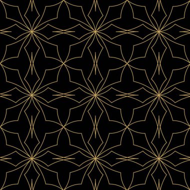 Kareler, haçlar, çizgiler ve çizgilerle soyut geometrik desen. Kusursuz vektör arkaplanı. Siyah ve altın süs. Modern retiküle grafik tasarımı.