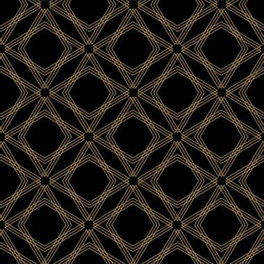 Kareler, haçlar, çizgiler ve çizgilerle soyut geometrik desen. Kusursuz vektör arkaplanı. Siyah ve altın süs. Modern retiküle grafik tasarımı.