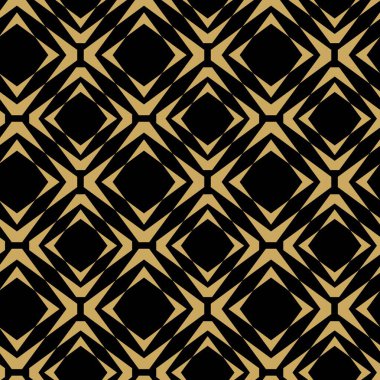 Kareler, haçlar, çizgiler ve çizgilerle soyut geometrik desen. Kusursuz vektör arkaplanı. Siyah ve altın süs. Modern retiküle grafik tasarımı.