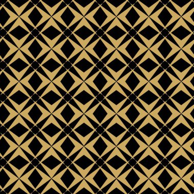 Kareler, haçlar, çizgiler ve çizgilerle soyut geometrik desen. Kusursuz vektör arkaplanı. Siyah ve altın süs. Modern retiküle grafik tasarımı.