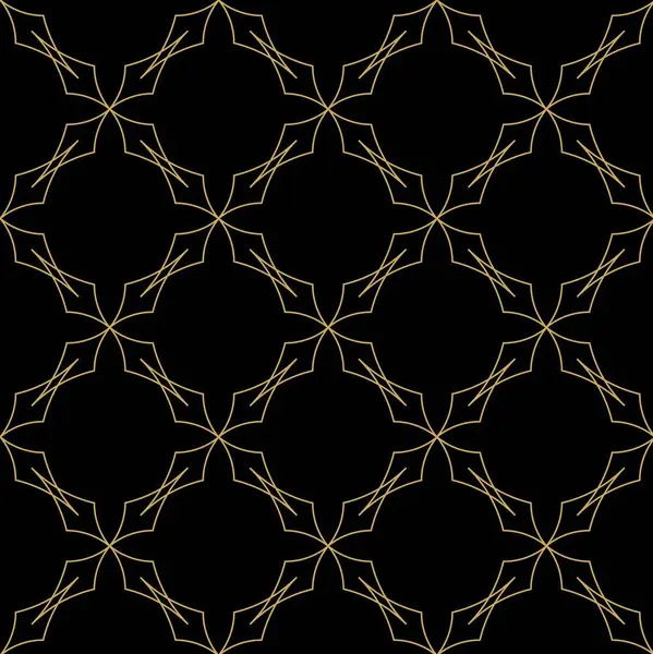 Kareler, haçlar, çizgiler ve çizgilerle soyut geometrik desen. Kusursuz vektör arkaplanı. Siyah ve altın süs. Modern retiküle grafik tasarımı.