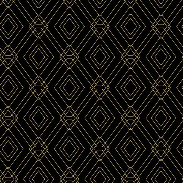 Kareler, haçlar, çizgiler ve çizgilerle soyut geometrik desen. Kusursuz vektör arkaplanı. Siyah ve altın süs. Modern retiküle grafik tasarımı.