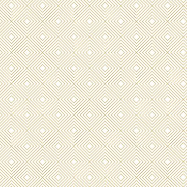 Kareler, haçlar, çizgiler ve çizgilerle soyut geometrik desen. Kusursuz vektör arkaplanı. Beyaz ve altın süs. Modern retiküle grafik tasarımı.