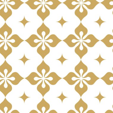 Kareler, haçlar, çizgiler ve çizgilerle soyut geometrik desen. Kusursuz vektör arkaplanı. Beyaz ve altın süs. Modern retiküle grafik tasarımı.