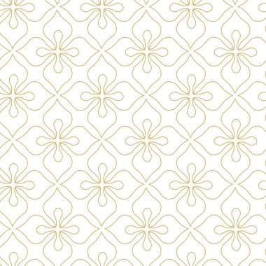 Kareler, haçlar, çizgiler ve çizgilerle soyut geometrik desen. Kusursuz vektör arkaplanı. Beyaz ve altın süs. Modern retiküle grafik tasarımı.