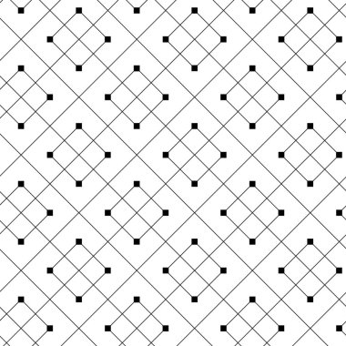 Kareler, haçlar, çizgiler ve çizgilerle soyut geometrik desen. Kusursuz vektör arkaplanı. Beyaz ve siyah süs. Modern retiküle grafik tasarımı.