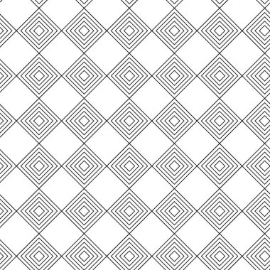 Kareler, haçlar, çizgiler ve çizgilerle soyut geometrik desen. Kusursuz vektör arkaplanı. Beyaz ve siyah süs. Modern retiküle grafik tasarımı.