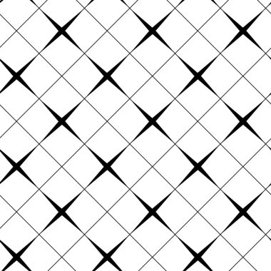 Kareler, haçlar, çizgiler ve çizgilerle soyut geometrik desen. Kusursuz vektör arkaplanı. Beyaz ve siyah süs. Modern retiküle grafik tasarımı.