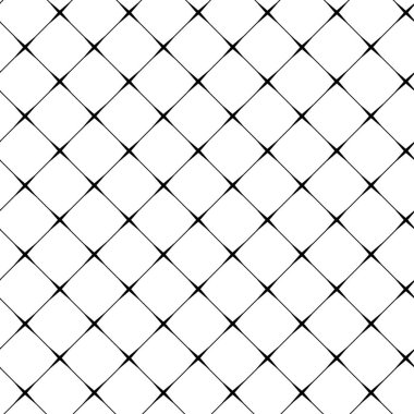 Kareler, haçlar, çizgiler ve çizgilerle soyut geometrik desen. Kusursuz vektör arkaplanı. Beyaz ve siyah süs. Modern retiküle grafik tasarımı.