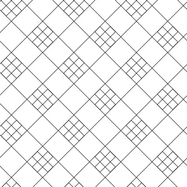 Kareler, haçlar, çizgiler ve çizgilerle soyut geometrik desen. Kusursuz vektör arkaplanı. Beyaz ve siyah süs. Modern retiküle grafik tasarımı.