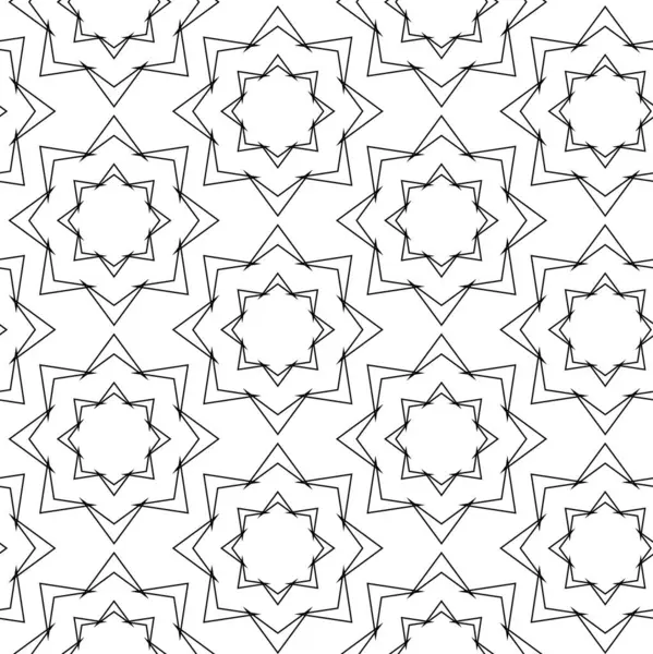 Kareler, haçlar, çizgiler ve çizgilerle soyut geometrik desen. Kusursuz vektör arkaplanı. Beyaz ve siyah süs. Modern retiküle grafik tasarımı.