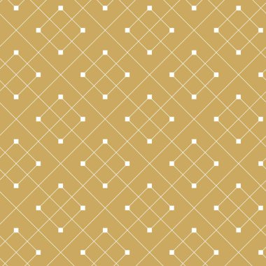 Kareler, haçlar, çizgiler ve çizgilerle soyut geometrik desen. Kusursuz vektör arkaplanı. Beyaz ve altın süs. Modern retiküle grafik tasarımı.