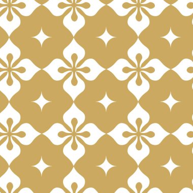 Kareler, haçlar, çizgiler ve çizgilerle soyut geometrik desen. Kusursuz vektör arkaplanı. Beyaz ve altın süs. Modern retiküle grafik tasarımı.