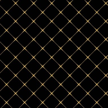 Kareler, haçlar, çizgiler ve çizgilerle soyut geometrik desen. Kusursuz vektör arkaplanı. Siyah ve altın süs. Modern retiküle grafik tasarımı.