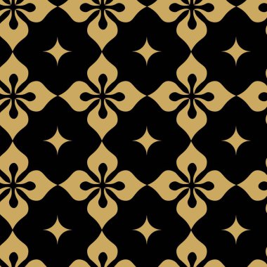 Kareler, haçlar, çizgiler ve çizgilerle soyut geometrik desen. Kusursuz vektör arkaplanı. Siyah ve altın süs. Modern retiküle grafik tasarımı.