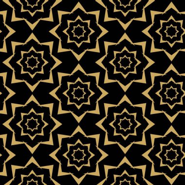 Kareler, haçlar, çizgiler ve çizgilerle soyut geometrik desen. Kusursuz vektör arkaplanı. Siyah ve altın süs. Modern retiküle grafik tasarımı.