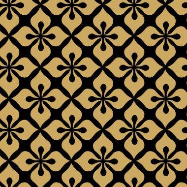 Kareler, haçlar, çizgiler ve çizgilerle soyut geometrik desen. Kusursuz vektör arkaplanı. Siyah ve altın süs. Modern retiküle grafik tasarımı.