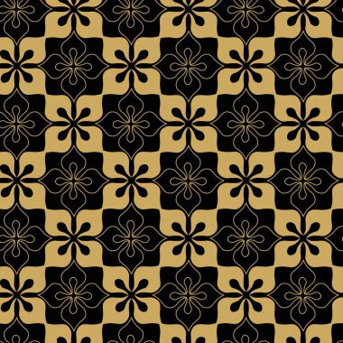 Kareler, haçlar, çizgiler ve çizgilerle soyut geometrik desen. Kusursuz vektör arkaplanı. Siyah ve altın süs. Modern retiküle grafik tasarımı.