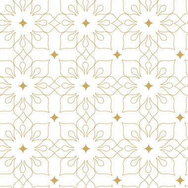 Kareler, haçlar, çizgiler ve çizgilerle soyut geometrik desen. Kusursuz vektör arkaplanı. Beyaz ve altın süs. Modern retiküle grafik tasarımı.